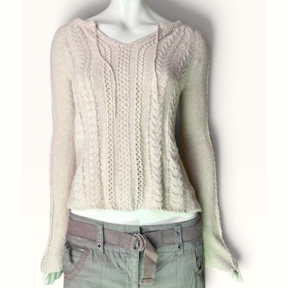 American Eagle Cable Knit V-Neck Sweater Oatmeal Beige Flare Cuff Y2K Boho L